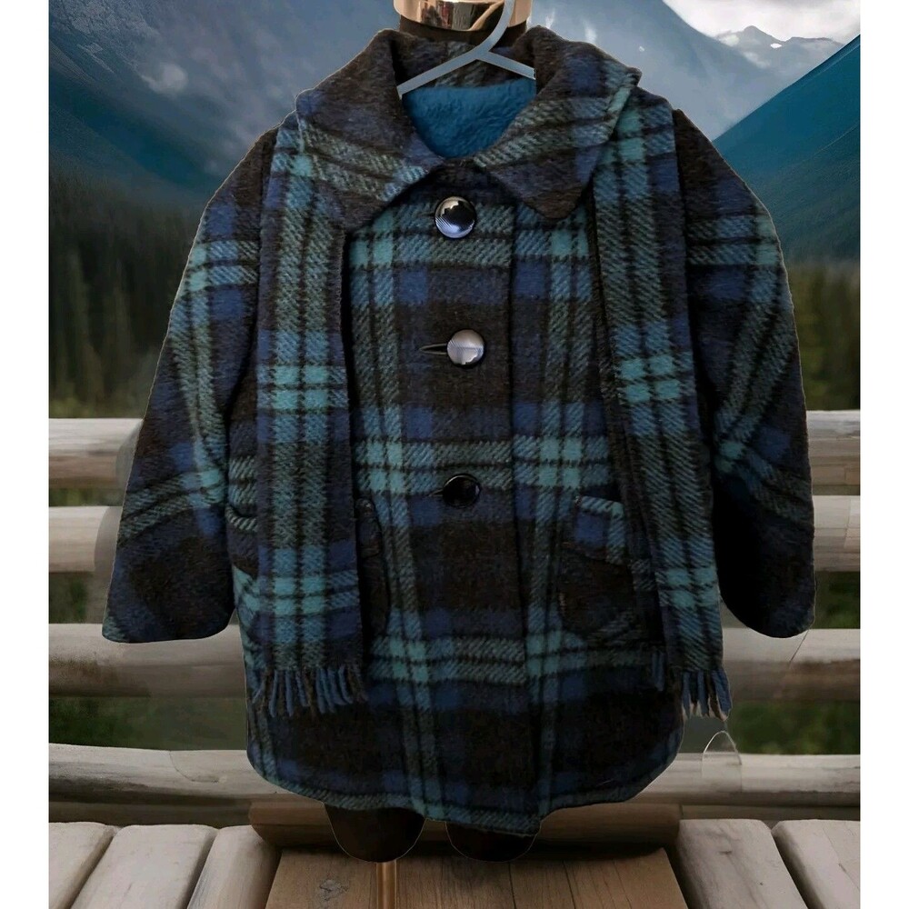 Vintage UNION MADE Girl's Plaid Wool Coat Jacket & Scarf Set Blue Green Size 5/6